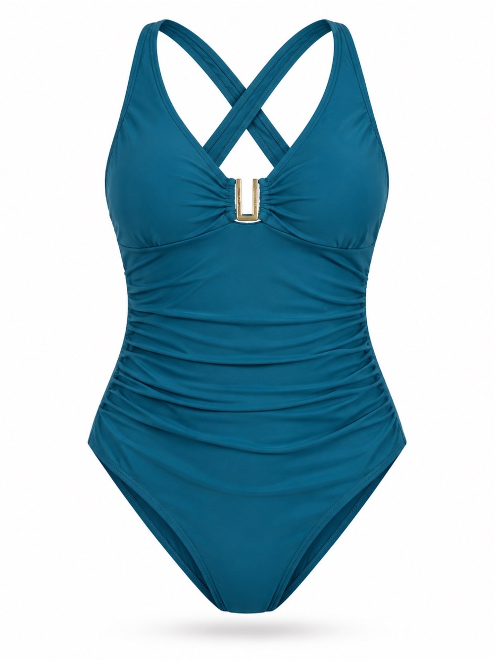 Teal Ruched Crossback One-Piece Swimsuit with Gold Accent
